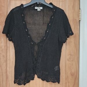 Sag Harbor Y2K Black Short Sleeve Open Knit Crochet Cardigan With Beaded Detail